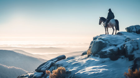 An AI generated illustration of a person atop a majestic mountain on the horseの素材
