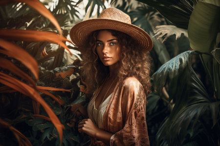 An AI generated illustration of a young woman in a forest setting, wearing a wide-brimmed hat and a long dressの素材