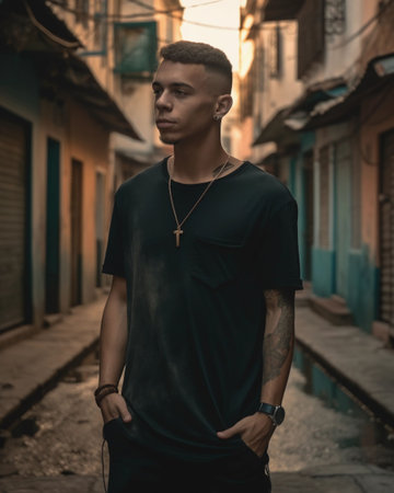 An AI generated illustration of a sexy young tattooed male posing outdoorsの素材