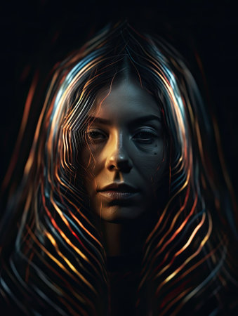 An AI-generated illustration of a young woman's portrait in the darkness with light effects.の素材
