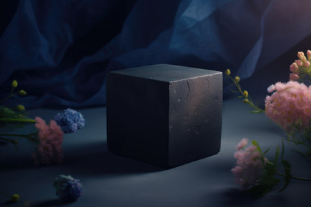 An AI generated illustration of a small black cube beside a vibrant bouquet of flowersの素材