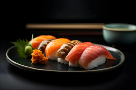 An AI generated illustration of A colorful sushi platter with a side of sauceの素材