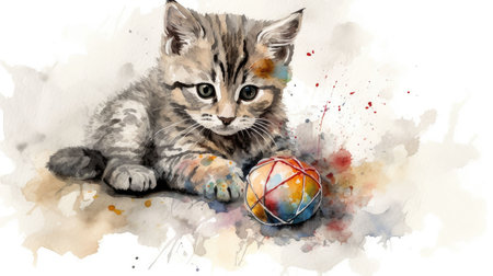 An AI generated illustration of an adorable playful kitten playing with a colorful ball - watercolor styleの素材