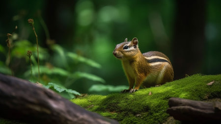 An AI generated illustration of a squirrel sitting atop a moss-covered log in a natural outdoor environmentの素材