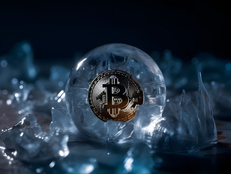 An AI-generated illustration of a 3D rendering of a Bitcoin logo coin trapped in ice.の素材