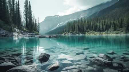 An AI generated illustration of a breathtaking glacial lake surrounded by mountains and treesの素材
