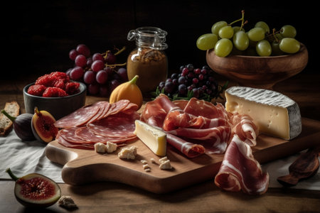 An AI generated illustration of a variety of food items including grapes, cheese, figurines, and nutsの素材