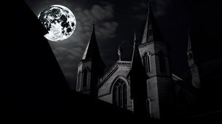 An AI generated illustration of a bright full moon illuminating a majestic buildingの素材
