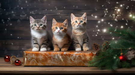 An AI generated illustration of Three adorable kittens perched atop a festive Christmas present box with pineconesの素材