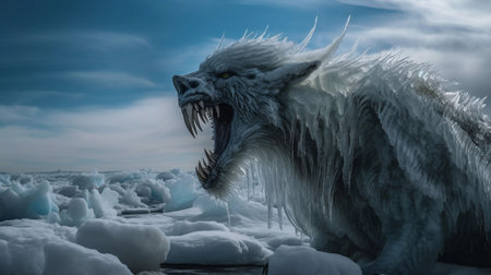 An AI generated illustration of a mythical fictitious monster character with thick fur in a snowy landscapeの素材