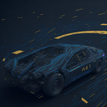 An AI generated futuristic car with blue and green lines on backgroundの素材
