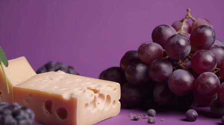 An AI generated illustration of a cheese and grapes on a purple backgroundの素材