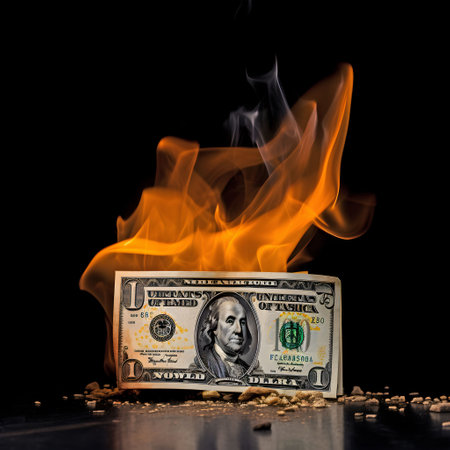 AI generated digital art of a burning dollar bill on a black background with strong flame and sparksの素材