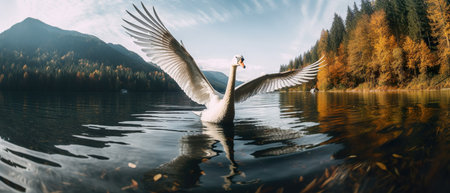 An AI-generated illustration of a majestic swan stretching its wings against the background of woods.の素材