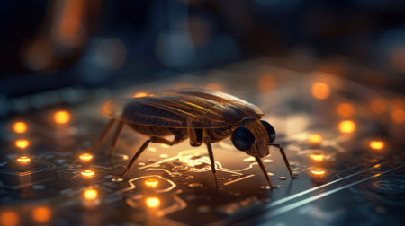 An AI generated illustration of a small insect on a computer motherboard illuminated in the darkの素材