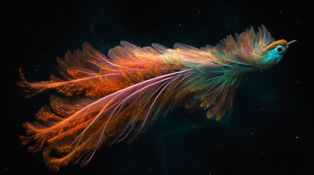 An AI generated illustration of a vibrant fictional fish with luminous colors floating in the waterの素材