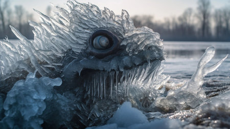 An AI generated illustration of a mythical fictitious monster character with thick fur in a snowy landscapeの素材