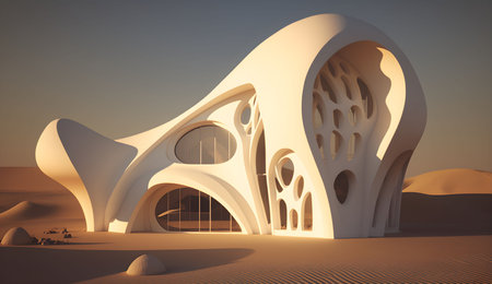 An AI generated illustration of a futuristic home situated in a desert settingの素材
