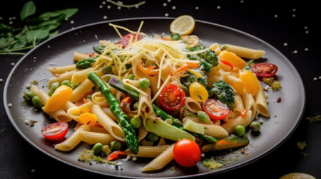 An AI generated illustration of a vibrant gourmet pasta and vegetable dishの素材