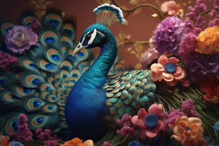 An AI generated illustration of a majestic blue peacock surrounded by colorful flowersの素材