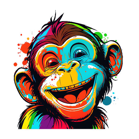 An AI generated illustration of a cheerful vibrant monkey painted on a white backgroundの素材