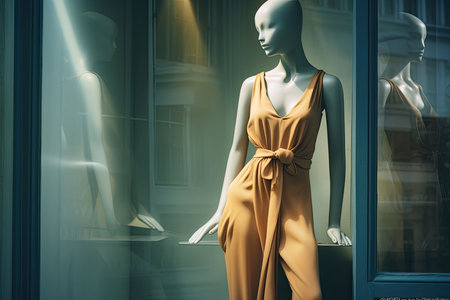 An AI generated illustration of a mannequin wearing stylish orange overalls showcased in a window displayの素材