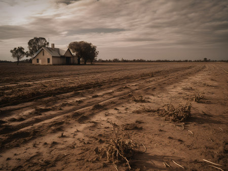 An AI generated illustration of a barren, dry landscape featuring a rural house in the backgroundの素材
