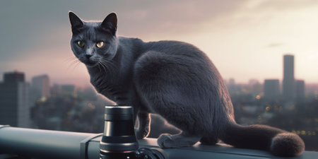 An AI generated illustration of a cat on a windowsill overlooking a nightscapeの素材