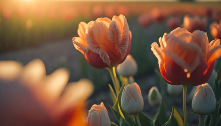 An AI generated illustration of vibrant flowers in full bloom in a green field at golden hourの素材