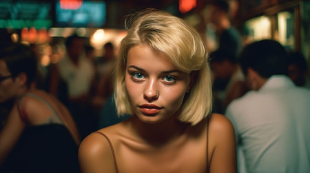 An AI generated illustration of a beautiful blonde woman and at a bar looking at the cameraの素材