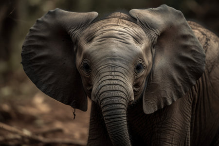An AI generated illustration of an adorable and endearing baby elephant in his natural habitatsの素材