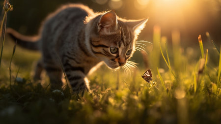 An AI-generated illustration of an adorable kitten playing with butterflies in a field.の素材