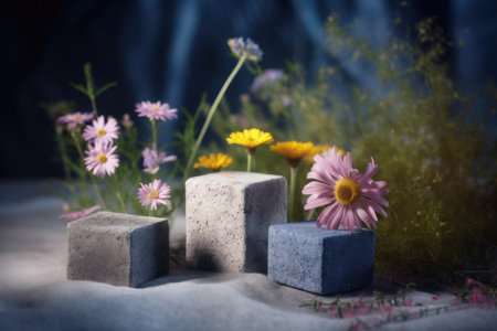 An AI generated illustration of gray concrete blocks with vibrant flowers blooming in the backgroundの素材