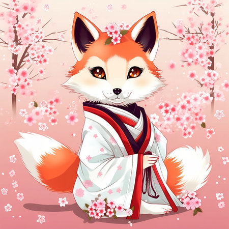 An AI generated illustration of an adorable cartoon red fox wearing a traditional Asian kimono among a backdrop of beautiful cherry blossomsの素材