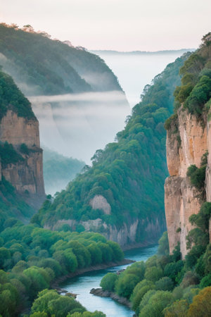 An AI generated illustration of a scenic view of a river winding its way through a large rocky cliffの素材