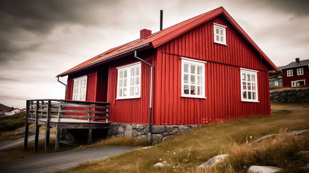 An AI generated illustration of A spectacular two-story red brick house with a balcony overlooking the front porchの素材