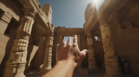 An AI generated illustration of a man stretching his arm toward the historical architectureの素材