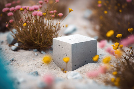 An AI generated illustration of a grey concrete block on a sandy beach surrounded by vibrant flowersの素材