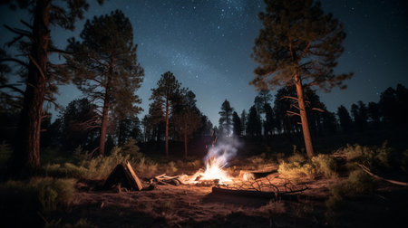 An AI generated illustration of a bonfire with firewood near trees and stars at nightの素材