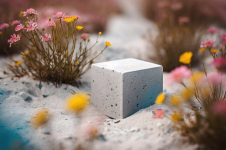 An AI generated illustration of a grey concrete block on a sandy beach surrounded by vibrant flowersの素材