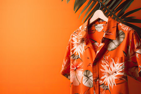 An AI generated illustration of a tropical shirt on a vibrant orange background with fern branchesの素材