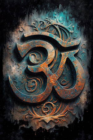 An AI generated illustration of a feng shui om symbol on a metal door with paintの素材