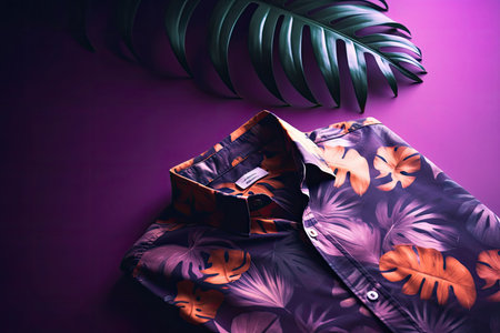 An AI generated illustration of a tropical shirt on a vibrant purple background of fern branchesの素材