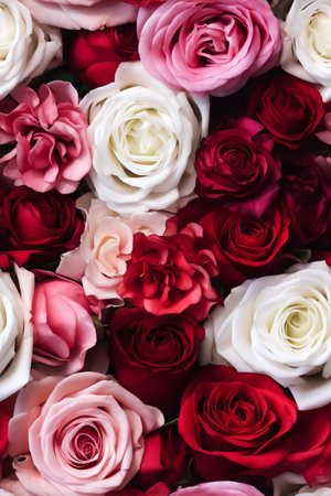 An AI generated illustration of a bouquet of roses featuring a mix of pink, white, and yellow bloomsの素材