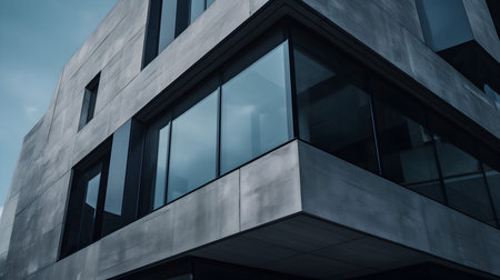 An Ai generated illustration of a modern building with a glass facade and multiple windows reflecting the surrounding cityscapeの素材