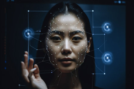 An AI generated illustration of a female professional utilizing facial recognition technologyの素材