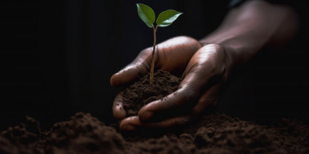 An AI generated illustration of hands grasping a handful of soil, with a small potted plant in itの素材