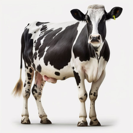 An AI generated illustration of A black and white spotted cow wearing a tag in its earの素材