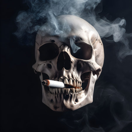 An AI-generated illustration of a human skull with cigarette smoke symbolizing death, and health.の素材