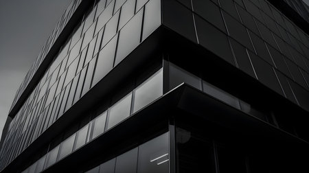 An Ai generated illustration of a modern building with a glass facade and multiple windows reflecting the surrounding cityscapeの素材